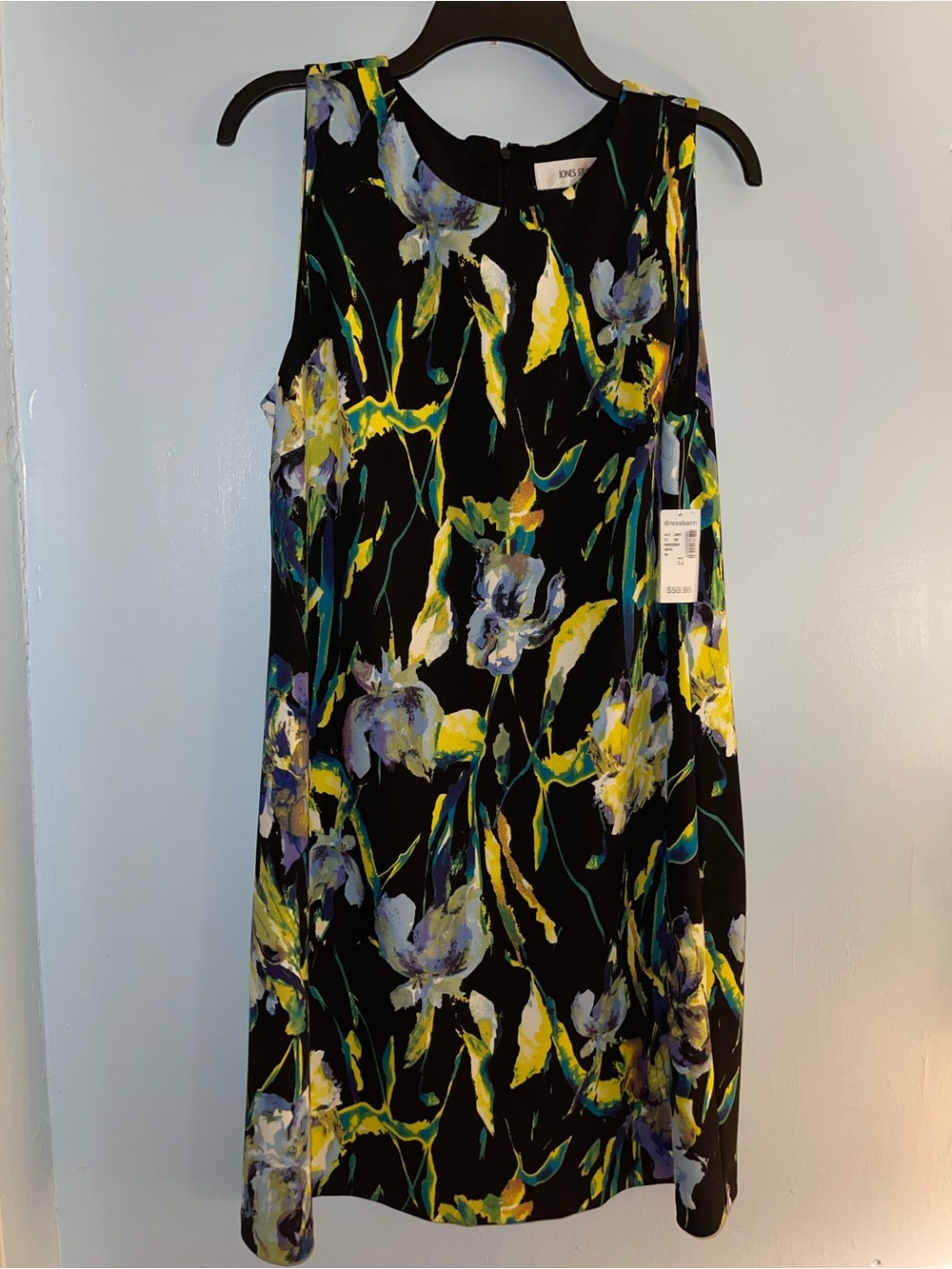Jones Studio Dress Barn Black Floral Sleeveless Knee-Length Dress. Size 14 NWT